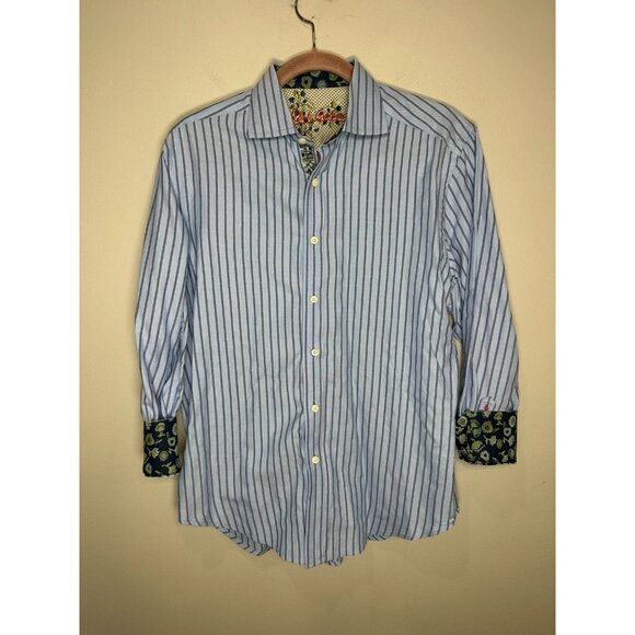 Robert Graham Flip Cuff Button Up Shirt Mens Size Medium Blue Stripe Work - Picture 1 of 11